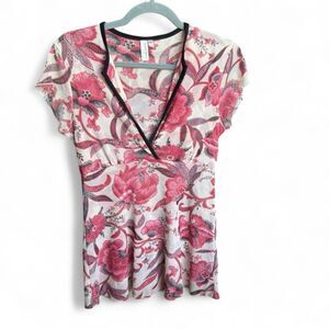 Sweat Pea Mesh Y2K Blouse Large Red and Pink Asian Inspired Floral Print Fairy